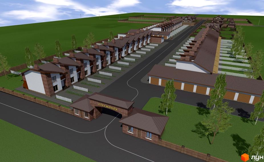 Котеджне містечко Струмочок - це сучасний житловий комплекс з цегляними будинками, розташований на зеленій території з доглянутими газонами та деревами.