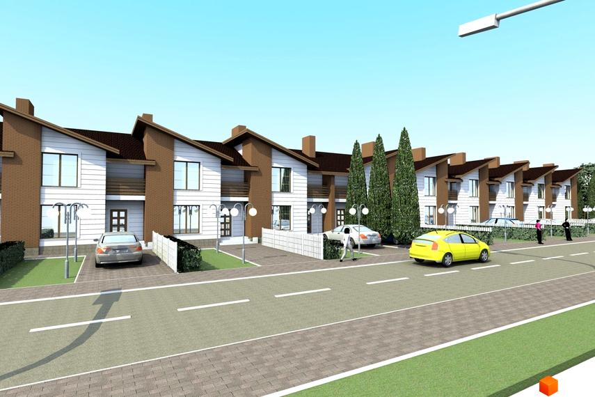 Котеджне містечко КМ Струмочок: фасади будинків з білою обшивкою та коричневими елементами, доглянута прибудинкова територія з паркуванням та зеленими насадженнями.