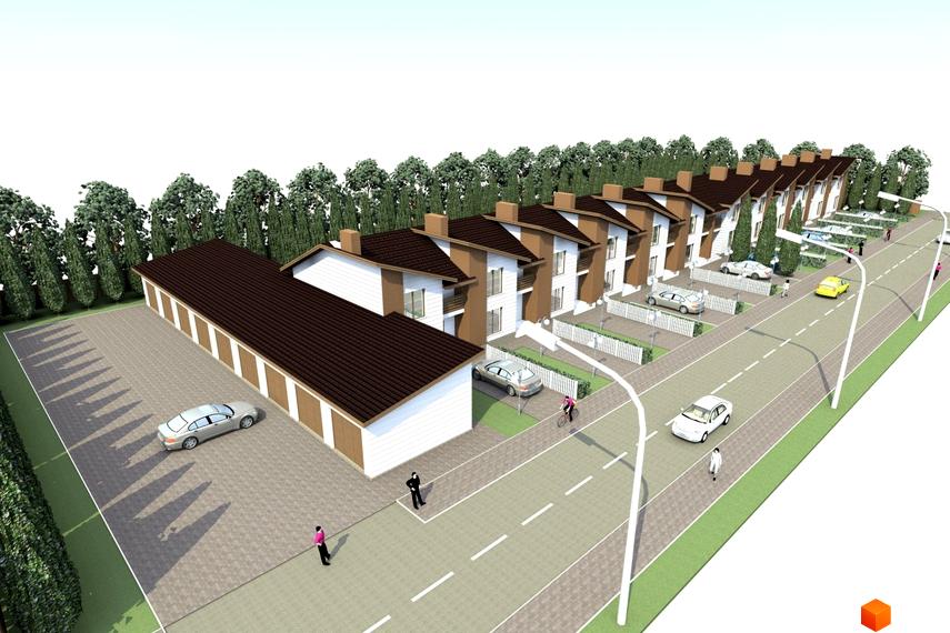 Котеджне містечко Струмочок: двоповерхові будинки з коричневими дахами та біло-коричневими фасадами, поруч гаражі та дорога з автомобілями.