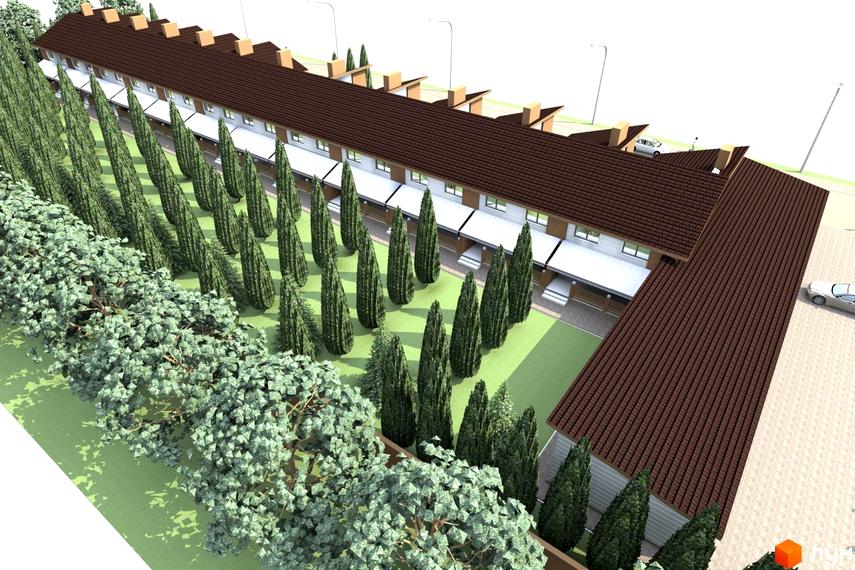 Котеджне містечко Струмочок: фасади будинків з коричневим дахом та прибудинкова територія з деревами та газоном.