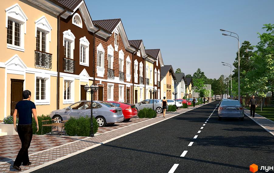 Котеджне містечко КМ Сонячний 2: фасади двоповерхових будинків з коричневими та бежевими стінами, паркуванням та зеленою зоною біля дороги.