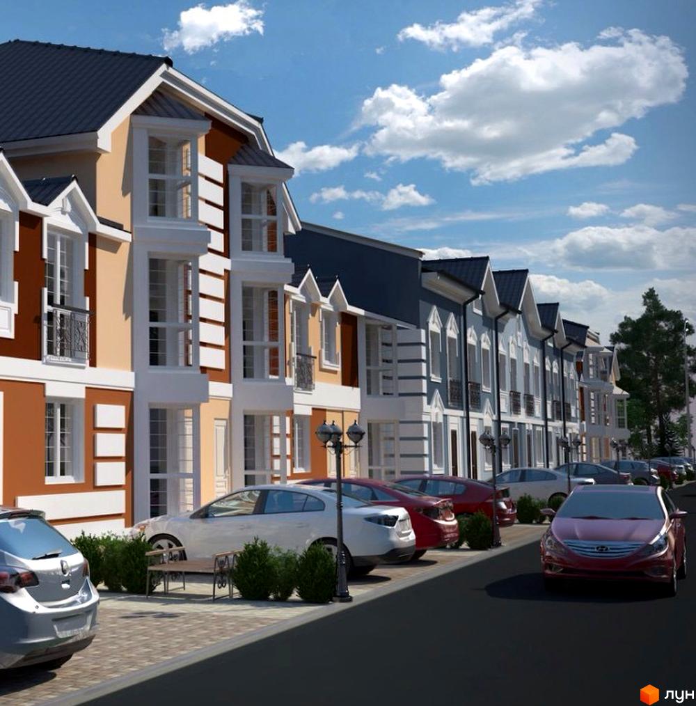 Котеджне містечко Сонячний 2: фасади будинків з великими вікнами та балконами, парковка з автомобілями та зелені насадження. Зовнішній вигляд новобудови та прибудинкової території.