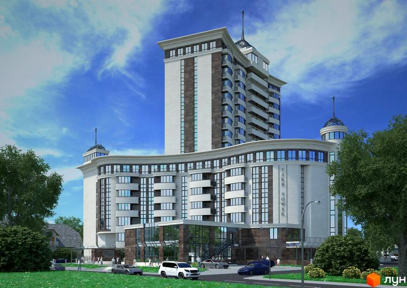 Житловий комплекс Park Tower з вигнутим фасадом та вежею. Навколо будівлі розташовані дерева, зелена зона та автомобілі.