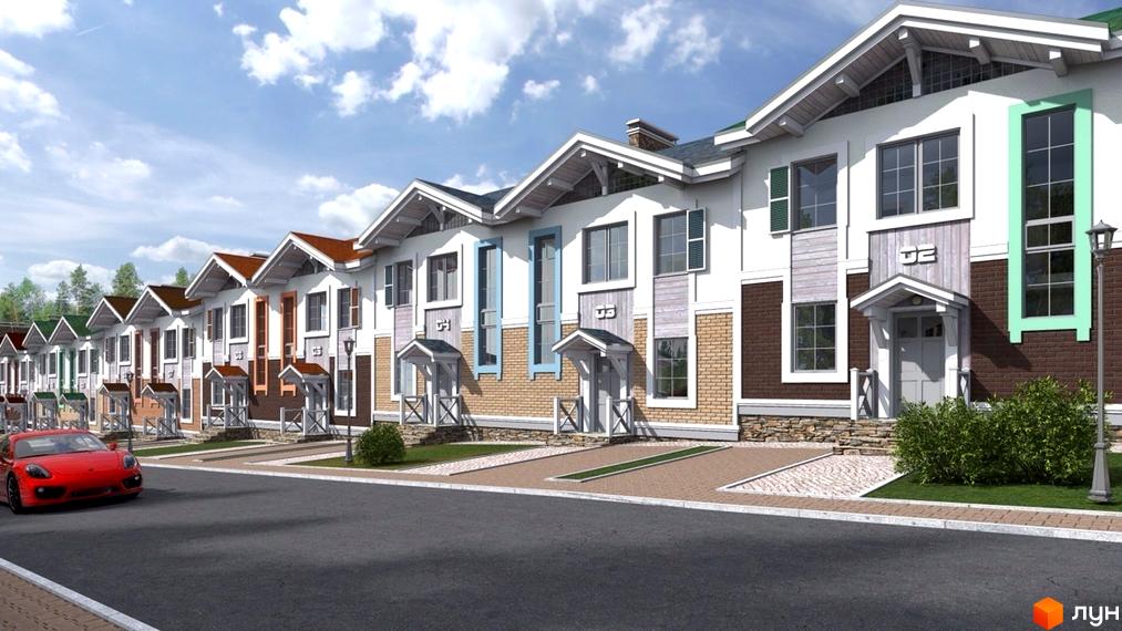 Таунхауси „Мала Швейцарія“ – це комплекс двоповерхових будинків з червоної та світлої цегли, білою штукатуркою та коричневими дахами. Перед будинками розташована брукована дорога та зелені газони.