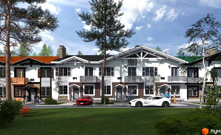 Житловий комплекс Мала Швейцарія. Таунхауси з білими фасадами, темними дахами та балконами розташовані на фоні зеленого газону та дерев.