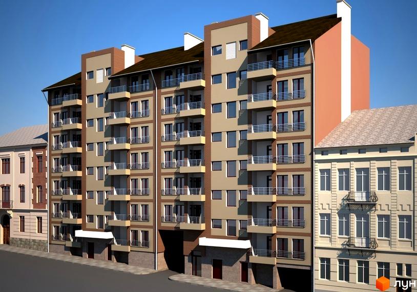 Зображення фасаду Житлового комплексу на вул. Мучна, 16. Багатоповерховий будинок з балконами та вікнами, розташований поруч з іншими будівлями.