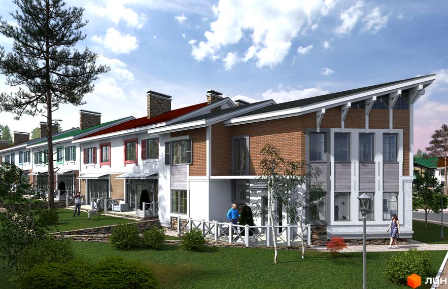 Таунхауси „Мала Швейцарія“ з цегляними та білими фасадами, червоними та зеленими дахами, розташовані на доглянутій зеленій території з деревами та доріжками.