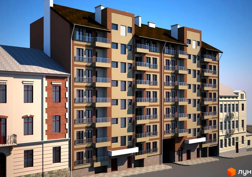 Зображення фасаду будинку по вулиці Мучна, 16. Багатоповерхова будівля з балконами та великими вікнами.