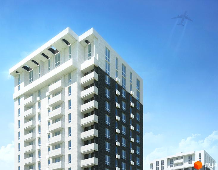 Житловий комплекс Одеський – це сучасна новобудова з білою та темно-сірою фасадною обробкою та численними балконами. На фоні блакитного неба видно літак.