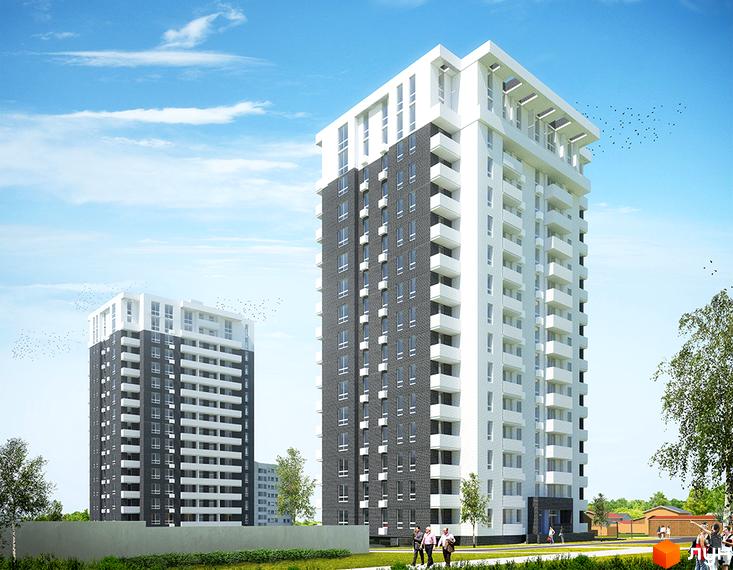 Житловий комплекс Одеський - сучасні багатоповерхові будинки з білими та сірими фасадами, балконами та зеленою прибудинковою територією. На зображенні видно два висотних будинки та дерева.