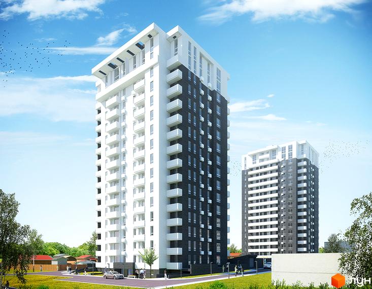 Житловий комплекс Одеський - сучасна новобудова з біло-темними фасадами та балконами. Навколо комплексу зелена зона та дороги.