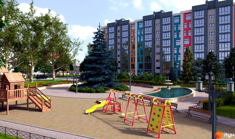 Житловий комплекс Сімейний квартал. Сучасна новобудова з яскравими фасадами та доглянутою прибудинковою територією з дитячим майданчиком та зоною відпочинку.