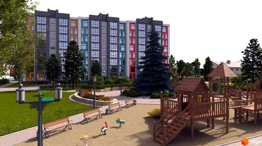 Житловий комплекс Сімейний квартал: фасади будівель з різнокольоровими елементами, дитячий майданчик з дерев'яними конструкціями та зони відпочинку з лавками.