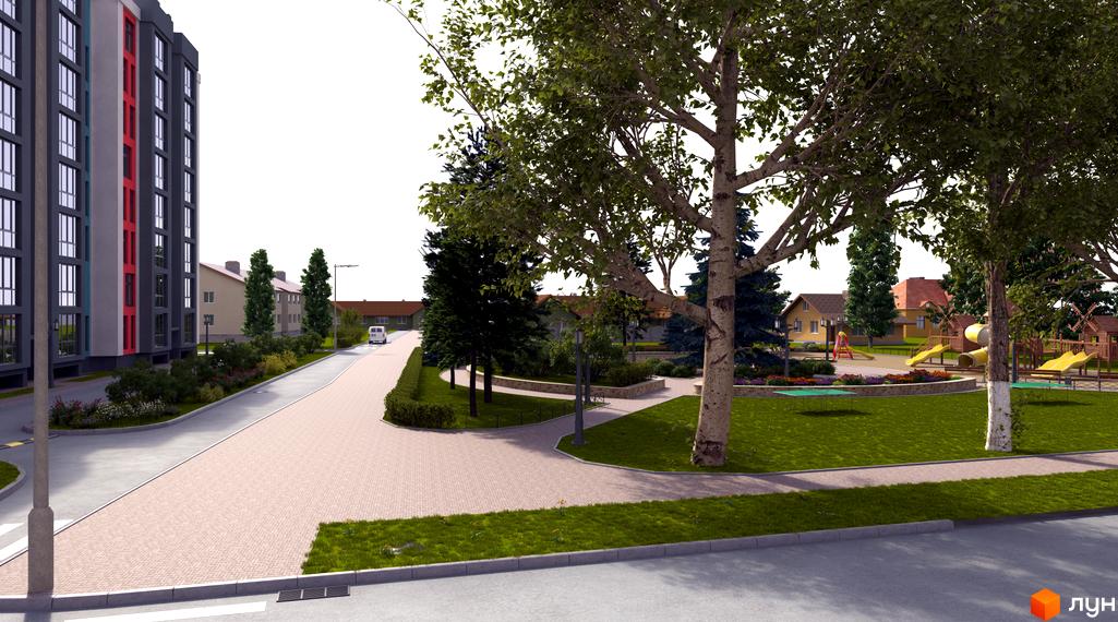 Житловий комплекс Сімейний квартал: багатоповерховий будинок з сірими та червоними фасадами, прибудинкова територія з дитячим майданчиком та зеленими зонами.