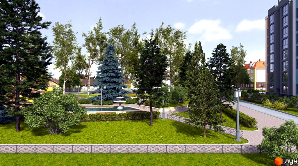 Зовнішній вигляд житлового комплексу Сімейний квартал з багатоповерховим будинком та прибудинковою територією з деревами та фонтаном. Зелена зона для відпочинку.