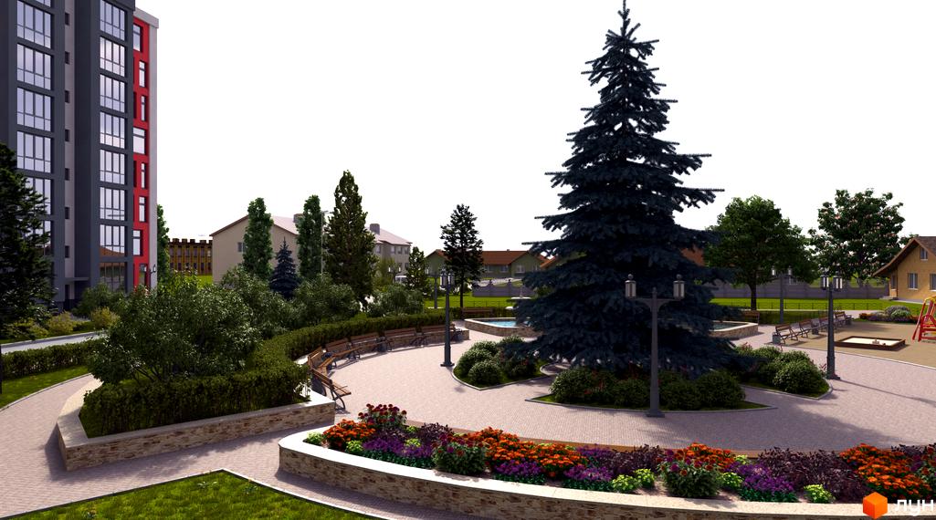 Житловий комплекс Сімейний квартал: сучасна багатоповерхівка з червоними акцентами та затишна прибудинкова територія з деревами, лавками та квітами.