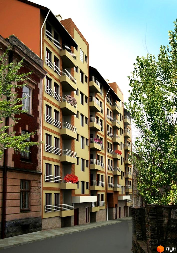 Зображення фасаду Житлового комплексу на вулиці Мучна, 16. Багатоповерхова будівля з балконами та квітами на них, поруч зелені дерева.