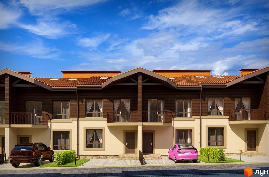 Таунхауси Набережний: фасади з коричневою обшивкою та бежевою штукатуркою, черепичні дахи. Прибудинкова територія з доглянутими газонами та автомобілями.