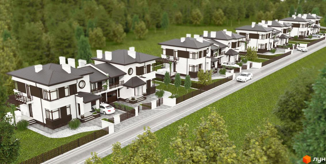 Котеджне містечко Козирна вісімка: сучасні двоповерхові будинки з білими фасадами та темними дахами, розташовані вздовж дороги серед зелених насаджень. Прибудинкова територія з доглянутими газонами та парканами.