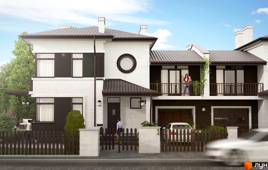 Котеджне містечко КМ Козирна вісімка: двоповерховий будинок з білим фасадом, темними вікнами та балконами. Прибудинкова територія з парканом та зеленими насадженнями.