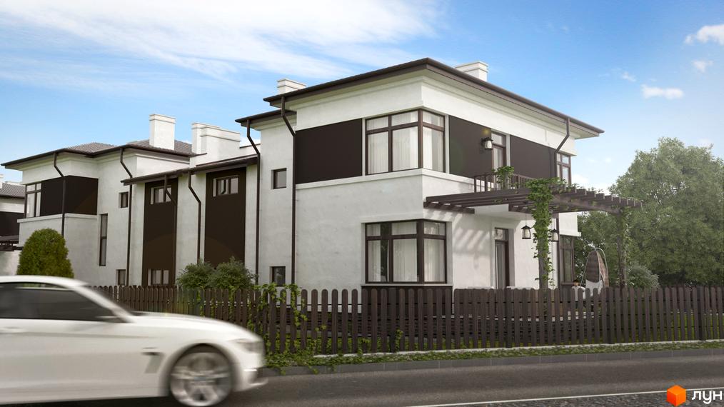 Котеджне містечко Козирна вісімка: двоповерхові будинки з білою штукатуркою, темними віконними рамами та коричневим парканом. Навколо зелені дерева та доглянута територія.