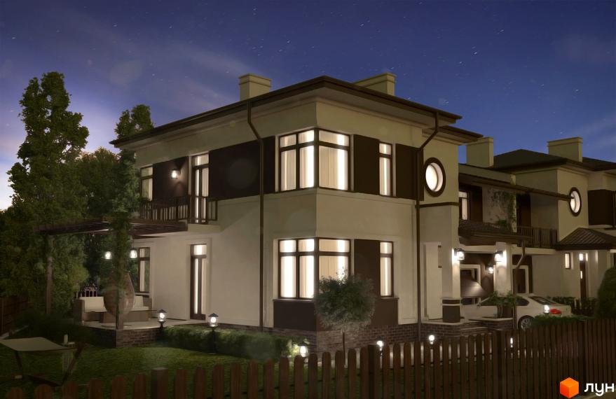 Котеджне містечко Козирна вісімка: фасад двоповерхового будинку з великими вікнами та балконом. Прибудинкова територія з зеленим газоном та огорожею.