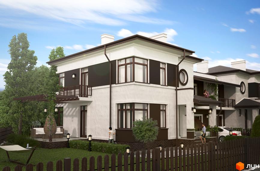 Котеджне містечко КМ Козирна вісімка: двоповерхові будинки з коричневими вікнами та балконами, зелена галявина з гамаком та альтанкою.