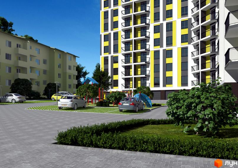 Житловий комплекс Злагода з жовто-сірими фасадами та балконами. Поруч розташований дитячий майданчик, зелені насадження та парковка з автомобілями.