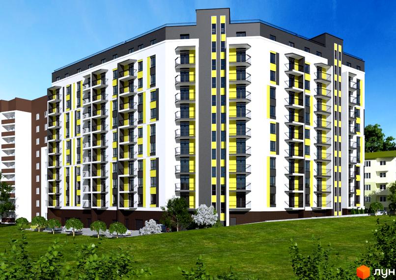 Зовнішній вигляд новобудови ЖК Злагода з білими та жовтими фасадами, балконами та сірими елементами. Навколо будинку зелена територія з деревами та автомобілями.