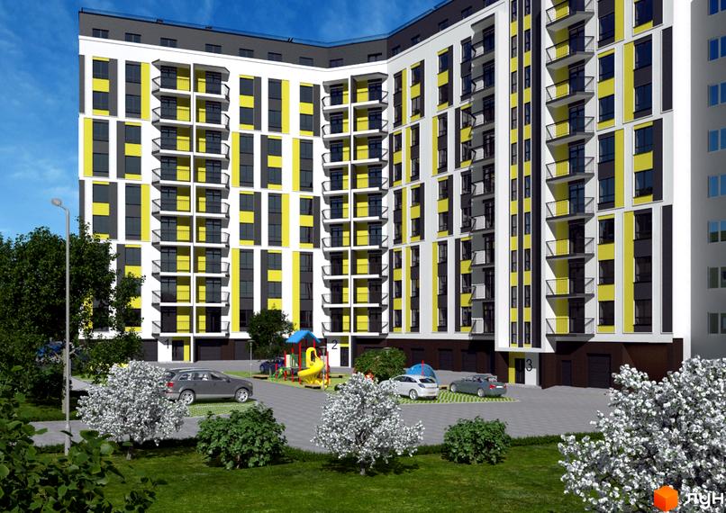 Зовнішній вигляд новобудови ЖК Злагода з жовтими та сірими елементами фасаду. На прибудинковій території розташовані дитячий майданчик та автомобілі.