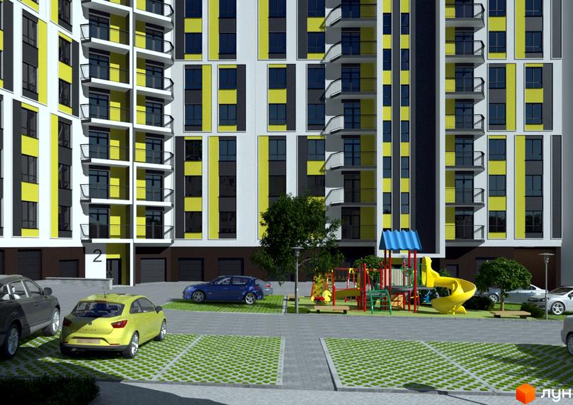 Новобудова ЖК Злагода з яскравим фасадом та балконами. На прибудинковій території дитячий майданчик та парковка з автомобілями.