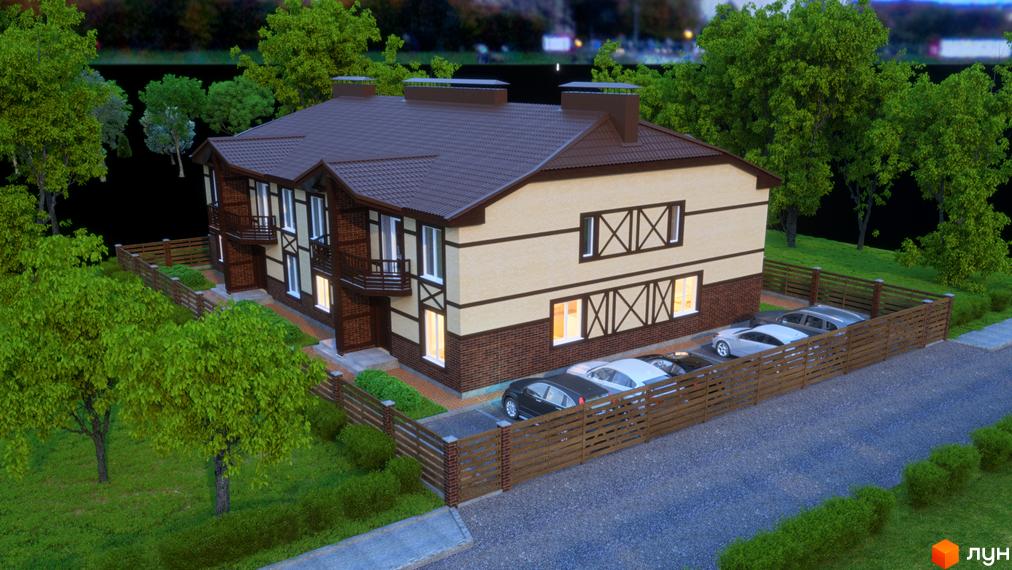 Таунхауси Мюнхен – двоповерхові будинки з коричневим дахом та світлими стінами, з балконами та вікнами з декоративними елементами. Прибудинкова територія огороджена дерев'яним парканом, є зелені насадження та паркомісця.