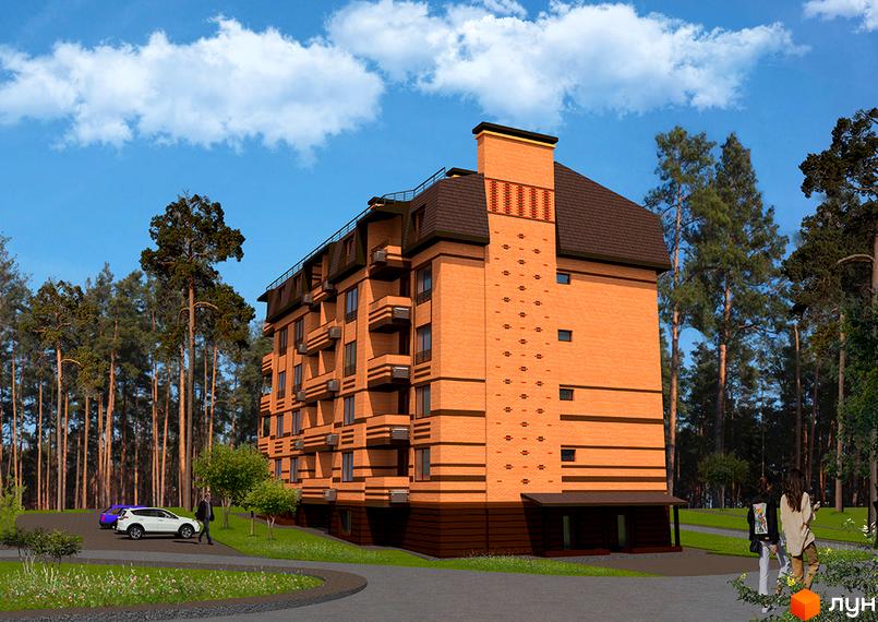 Будинок з цегляним фасадом та балконами, оточений деревами. Поруч розташована парковка з автомобілями та пішохідна доріжка.