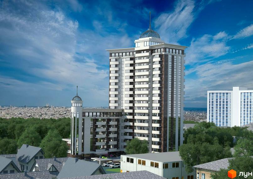 Зовнішній вигляд Park Tower: висотна будівля з скляним куполом та балконами. Навколо зелені дерева та міський пейзаж.