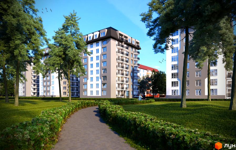 Житловий комплекс Melody Park: багатоповерхові будинки з балконами та великими вікнами, оточені зеленою зоною з доглянутими кущами та деревами.