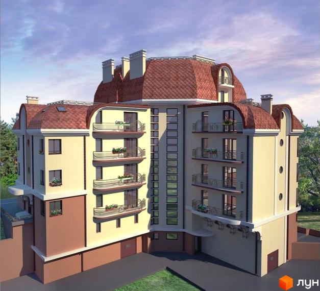 Зображення будинку за адресою вул. Братів Тимошенків, 2б. Багатоповерхова будівля з балконами та червоним дахом, прибудинкова територія з газоном.