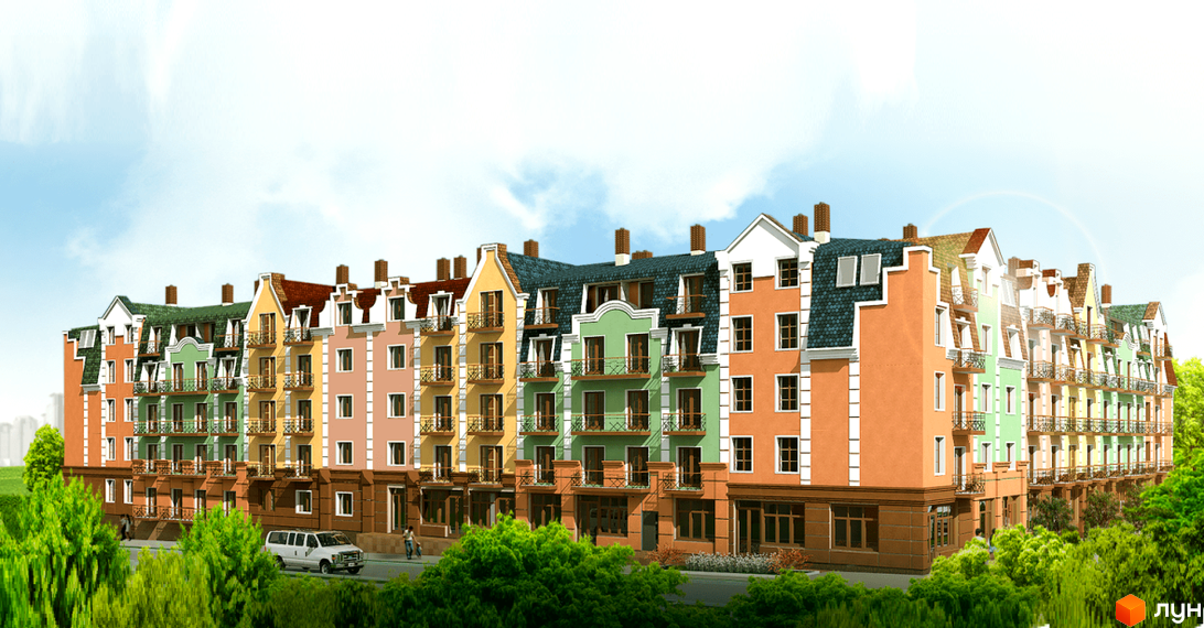 Зовнішній вигляд ЖК Аврора: різнокольорові фасади, балкони та дахи. Прибудинкова територія з деревами та дорогою.
