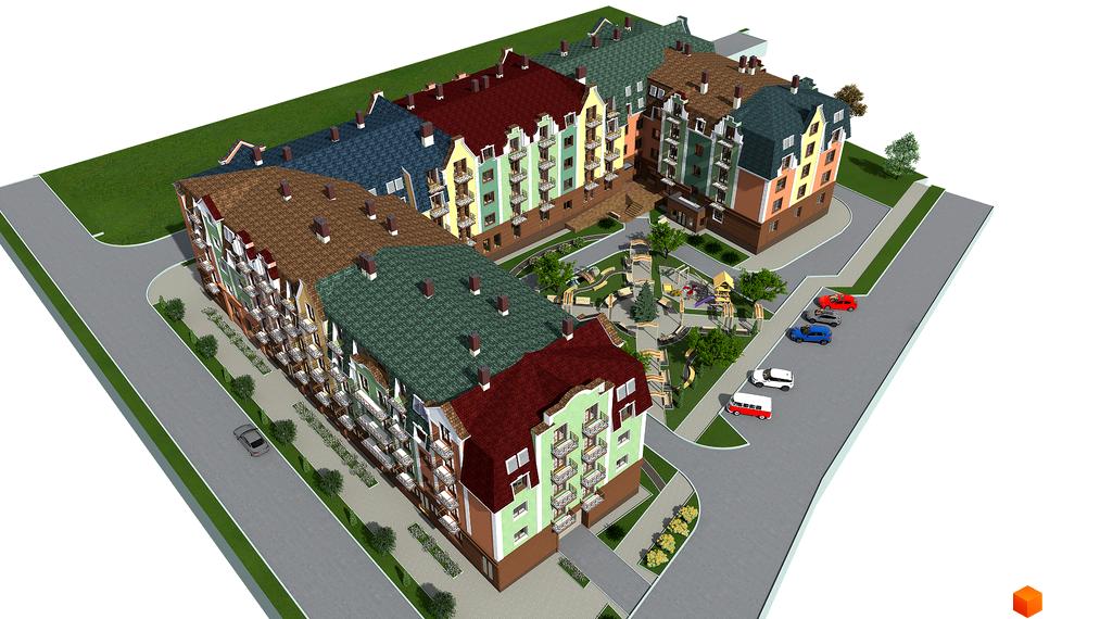 Житловий комплекс Аврора: різнокольорові будинки з балконами та зеленим дахом, дитячий майданчик та парковка.