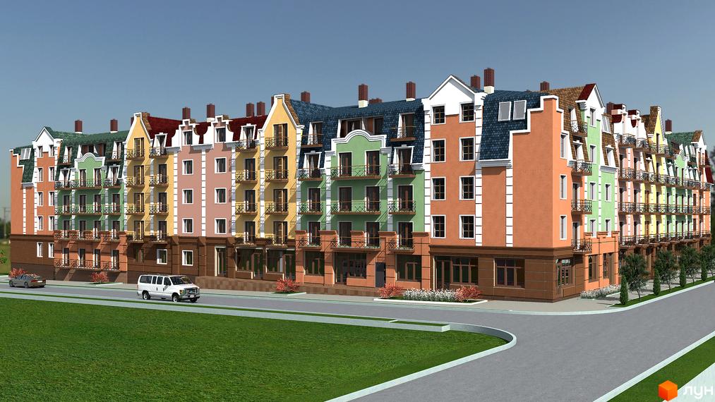 Житловий комплекс Аврора - фасади будівель у різнокольоровій гамі з балконами. Перед будинками зелена галявина та дорога з автомобілями.