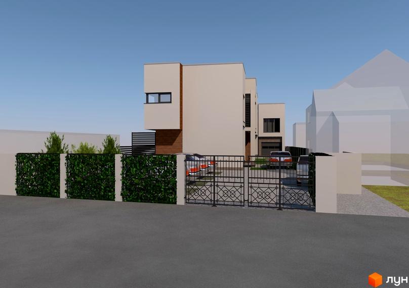 Таунхаус Квартет: двоповерховий будинок з великими вікнами та парканом з зелені. На території два автомобілі та ковані ворота.