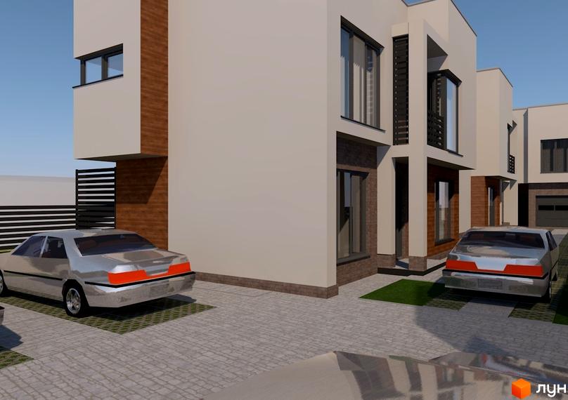 Таунхаус Квартет: фасади будівель з дерев'яними вставками та великими вікнами. Прибудинкова територія з паркуванням для автомобілів.