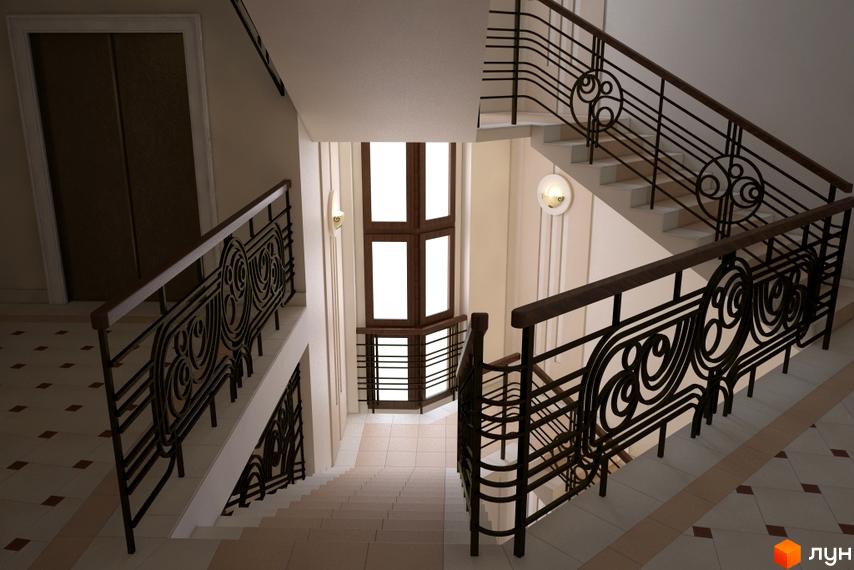 Інтер'єр сходового майданчика в будинку по вул. Братів Тимошенків, 2б. Сходи з кованими перилами та велике вікно.