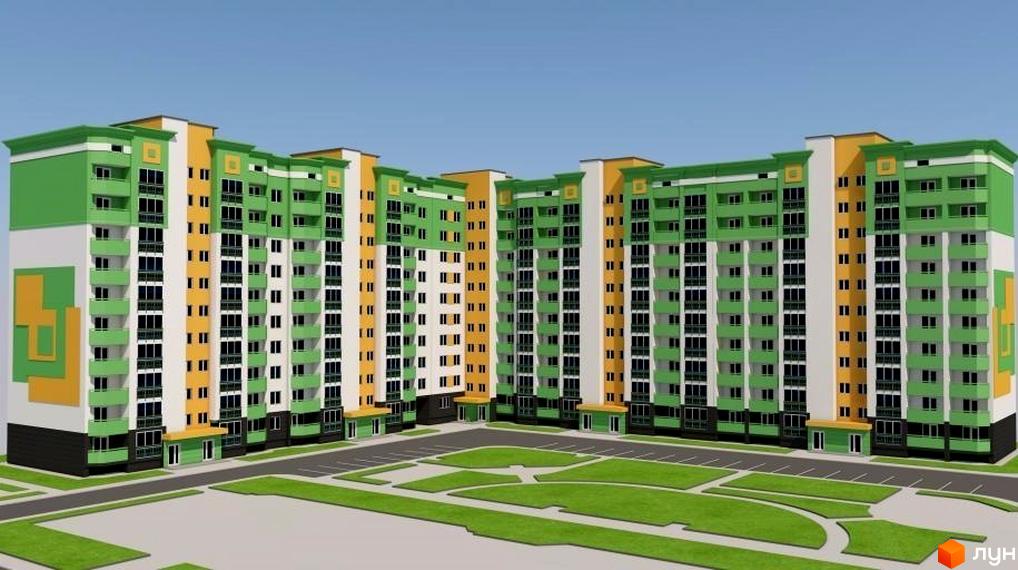 Житловий комплекс Зелений масив – багатоповерхові будинки з яскравим фасадом у зелених та жовтих кольорах. Навколо комплексу облаштована прибудинкова територія з зеленими зонами та паркувальними місцями.