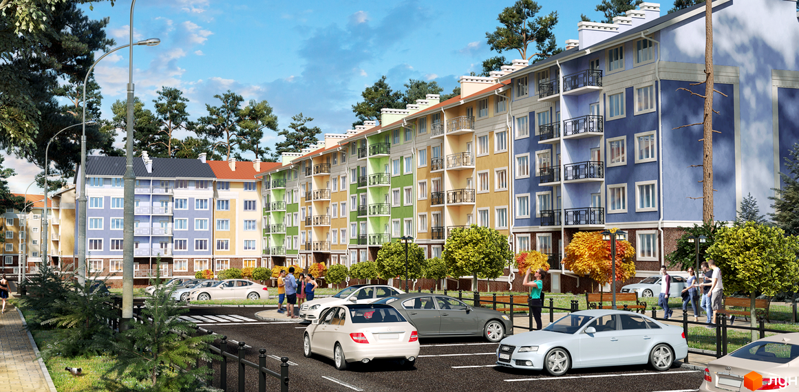 Зображення фасаду та прибудинкової території Житлового комплексу Green Yard. Багатоповерхові будинки з балконами, автомобілі на парковці.