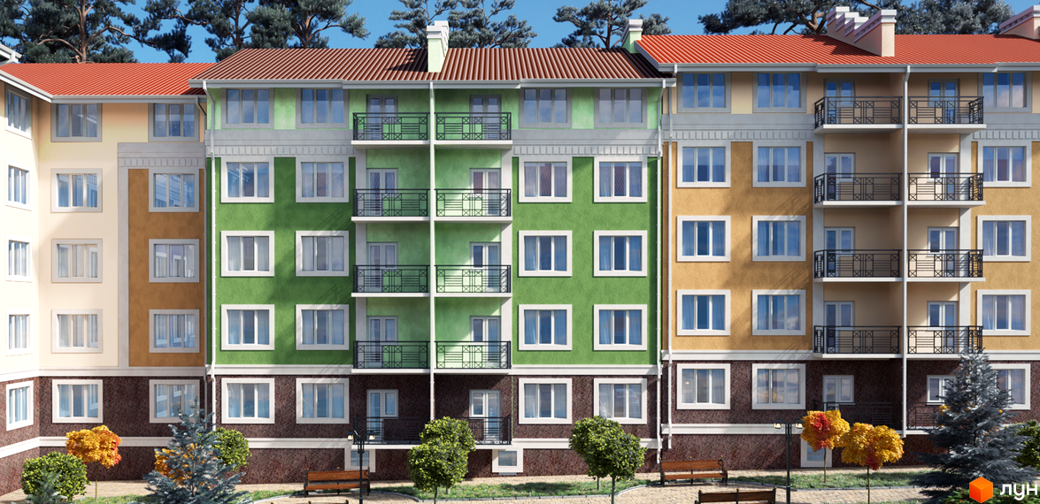 Житловий комплекс Green Yard: будинок з кольоровими фасадами, балконами та червоними дахами. Прибудинкова територія з зеленню та лавками.