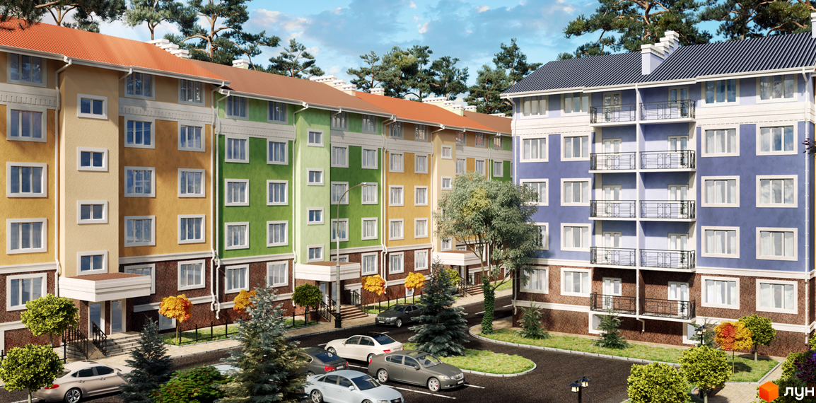 Житловий комплекс Green Yard: багатоповерхові будинки з різнокольоровими фасадами та балконами. Облаштована прибудинкова територія з деревами та парковкою.