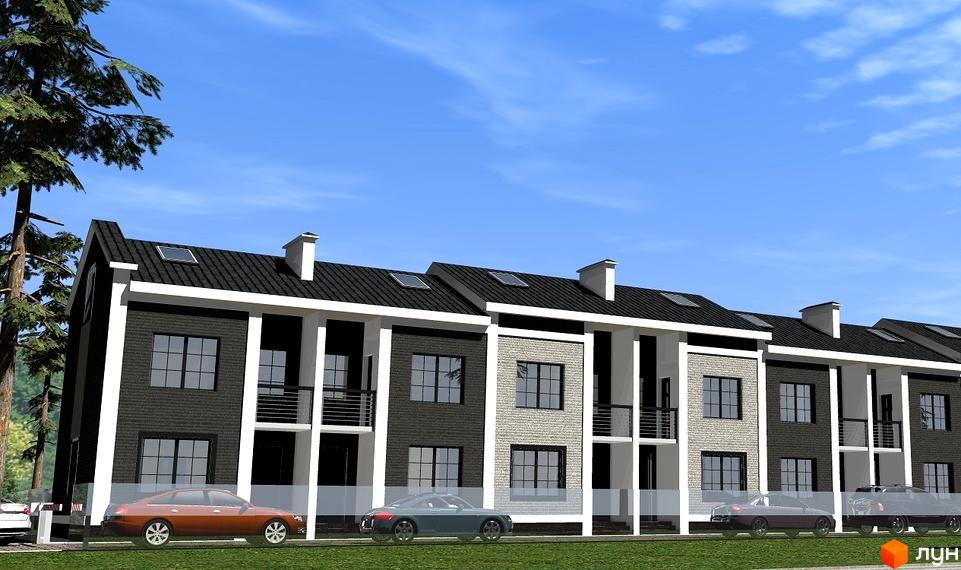 Зображення таунхаусів Laker str. з чорними дахами та світло-сірими фасадами. Перед будинками припарковані автомобілі.