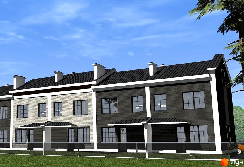 Зображення таунхаусів у Житловому районі Laker str. Двоповерхові будинки з темними дахами та світлим і темним фасадом, перед будинками зелений газон.