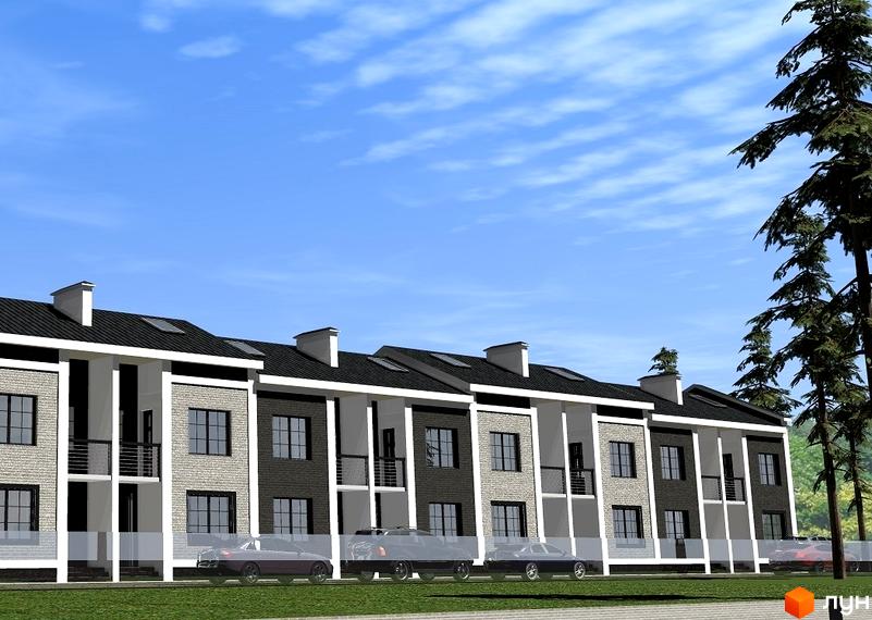 Зображення таунхаусів у Житловому комплексі „Laker str.“: двоповерхові будинки з балконами, автомобілі на прибудинковій території, зелений газон та дерева.