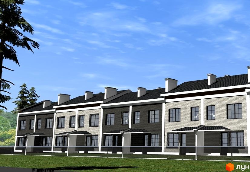 Зображення таунхаусів у Житловому районі „Laker str.“: двоповерхові будинки з темними дахами та світлим фасадом, зелена галявина перед будинками, блакитне небо.